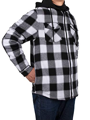 ZENTHACE Hooded Flannel Jacket with Hood Men Sherpa Fleece Lined Full Zip Up Flannel Hoodie Shirt Jacket Coat Fall Navy/White S