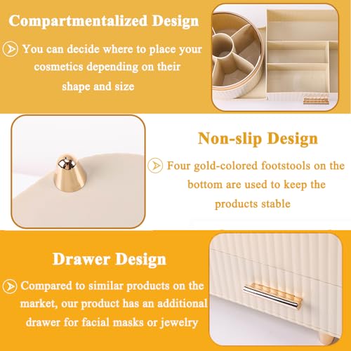 Zufudo Makeup Organizer Countertop with Drawers 360 Rotating Makeup Brush Holder Large Capacity Skincare Organizer for Vanity Desk, All Black