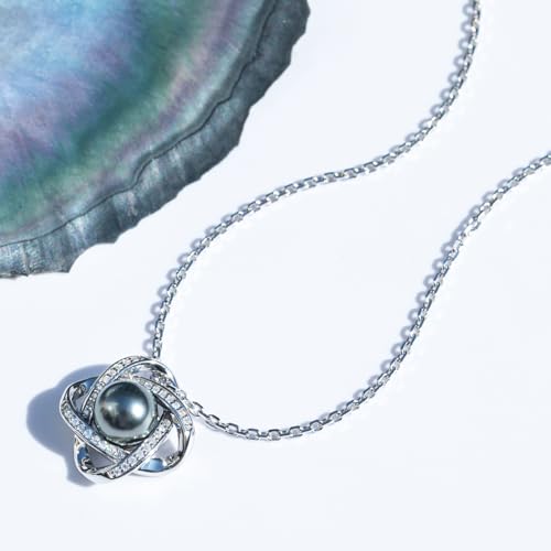 mihiarii Tahitian Black Pearl Necklace Celtic Love Knot Pendant Moissanite Sterling Silver 9MM Pearl Birthday Anniversary Mothers Day Valentines Day Christmas Gifts for Mom Her Women