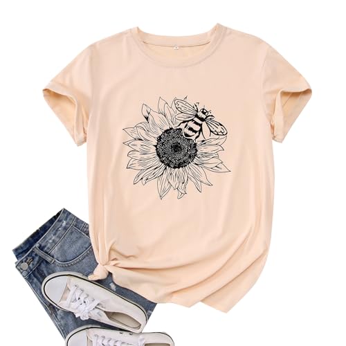 GLIGLITTR Women's Summer Sunflower T Shirt Cute Flower Graphic Loose Tees Crew Neck Short Sleeve Casual Tops(Rose Red,Medium)