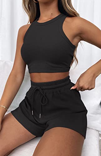 Lingswallow 3 Piece Lounge Sets for Women - Crop Top and Shorts and Cardigan Set Ribbed Lounge Set Loungewear Set Pajama Set