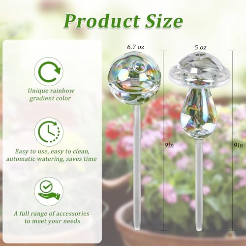Plant Watering Globes -4 Pcs Self Watering Planter Insert-9 Inch Iridescent Glass Transparent Mushroom Plant Watering Devices- Easy Refill Design With -Indoor and Outdoor Plants Best Giving