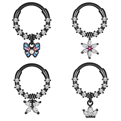 Qmcandy 4pcs Stainless Steel 16G Septum Clicker Hinged Segment Ring with Dangle Butterfly Star Crown, Black 3/8"