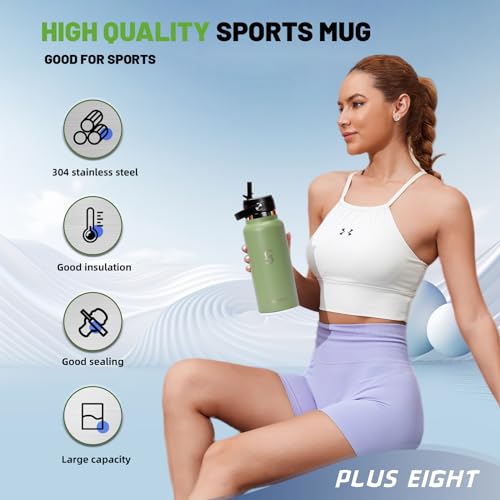 pluseight Sports Water Bottle, 32 oz Insulated Water Bottle With Straw, Stainless Steel Water Bottle Wide Mouth for Sports, Gym or Office, BPA-Free Keep Cold 24H Hot 12H (Agave)