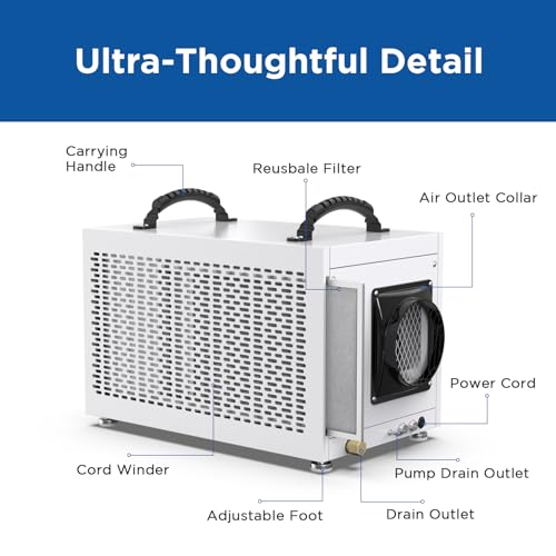 145 Pints Commercial Dehumidifier with Pump, Crawlspace Dehumidifiers with Drain Hose for Compact Tight Basements Large Spaces