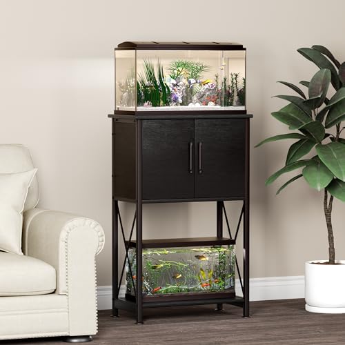 Herture 5-10 Gallon Fish Tank Stand, Metal Double Aquarium Stand with Cabinet for Fish Tank Accessories Storage, Heavy Duty 20.5" L* 11.02" W Tabletop, 500LBS Capacity Black PG06YGB