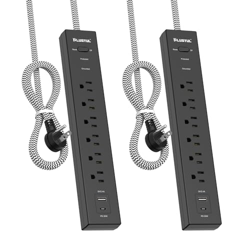 2 Pack Surge Protector Power Strip 6 FT, Extension Cord with 6 Outlets 2 USB Ports (PD 20W), Flat Plug Power Strip 980J, Overload Protection and Wall Mount for Home Dorm Room Essentials, Black