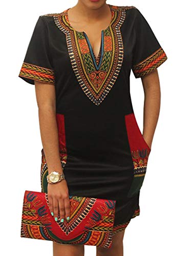 Women's Bodycon Dashiki African Midi Dresses Bohemian Vintage Club Dress with Pocket