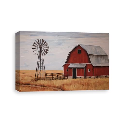 DOARTDO Old Barn Canvas Wall Art Farmhouse Windmill Pictures Country Blue Barn White Flowers Painting for Living Room Home Decor Frame (Barn - 1, 12.00" x 18.00")