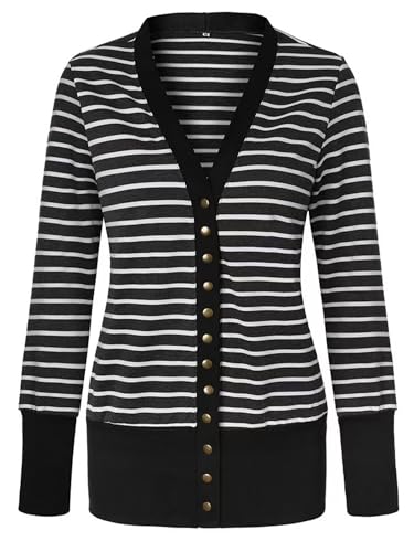 RichCoco Women's Striped Button Down Open Front Long Sleeve Contrast Color Casual Cardigans Sweaters (Mustard, S)