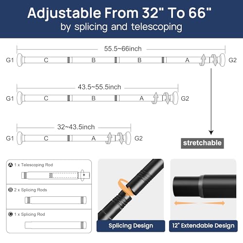 ENJOYBASICS 2 Pack Adjustable Spring Tension Curtain Rod 32 to 66 Inches, Stainless Steel Matte Black Shower Rod No Drilling, 7/8" Tension Rod for Window, Bathroom, Closet, Room Divider