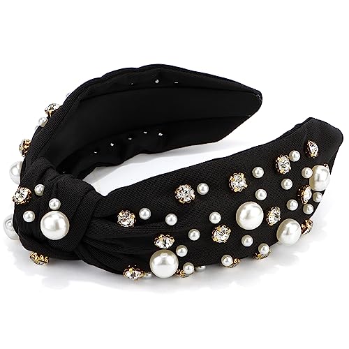 Atoden Black Wide Top Knot Headband with Pearl Rhinestone for Women's Hair Embellished Headbands Non Slip Sparkly Hair Bands Fashion Hair Accessories