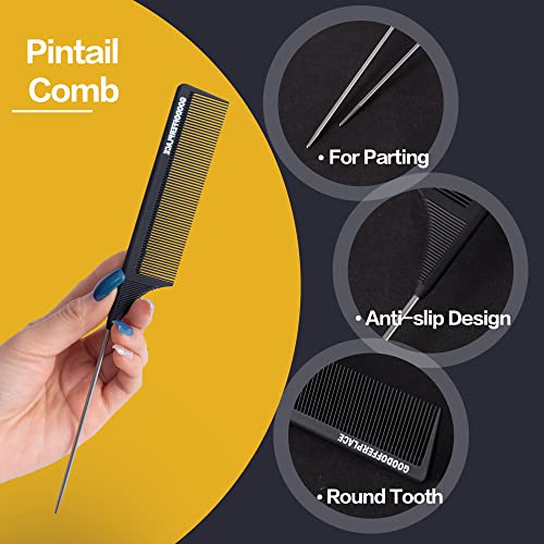 Goodofferplace 4 PCS Rat Tail Combs Parting Rattail Combs Teasing Fine Tooth Comb with Metal Pick for Curly Hair,Detangling Combs for Women,Parting Combs for Braiding,Styling Hair(Black)