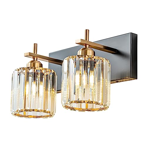 HUOKU Modern Crystal Bathroom Vanity Lights, Gold 4-Lights Bathroom Light Fixtures Over Mirror, Crystal Wall Lighting with Polished Gold Finish