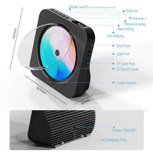 CD Player Portable with Bluetooth 5.1Desktop CD Player with HiFi Sound Speakers,Remote Control,Dust Cover,LED Display,Boombox FM Radio,USB/AUX for Home (Black)