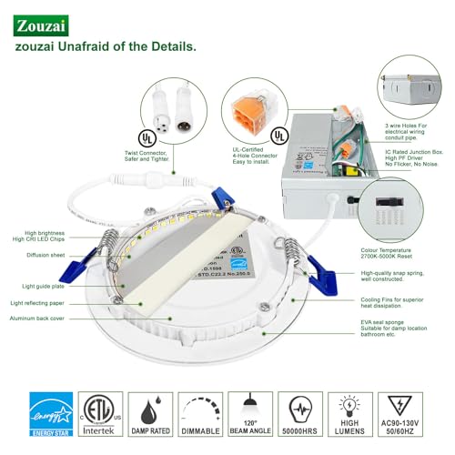 zouzai 1 Pack 4 Inch 5CCT Ultra-Thin LED Recessed Ceiling Light with Junction Box, 2700K/3000K/3500K/4000K/5000K Selectable, 9W Eqv 80W, Dimmable, led can Lights - ETL and Energy Star Certified