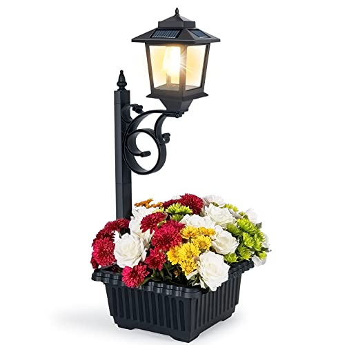 2 in 1 Outdoor Flower Pots for Real or Fake Flowers, Solar Lamp Post Lights - Wall Mount or Freestanding, Waterproof Decorative Lamp for Lawn, Patio, Front/Back Door
