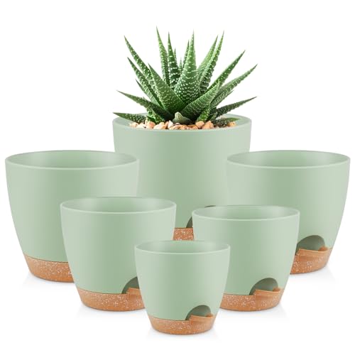 QRRICA Plant Pots 8/7/6.5/6/5.5/5 Inch Self Watering Pots, Set of 6 Plastic Planters with Drainage Holes and Saucers,Plastic Flower Pots,Nursery Planting Pot for Indoor Out Door Plants(Green)
