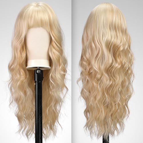 KOME Ombre Ash Blonde Wigs with Bangs,Grey Blonde Long Wavy Wig for Women,Long Curly Synthetic Hair Wig for Party Daily Use 26IN