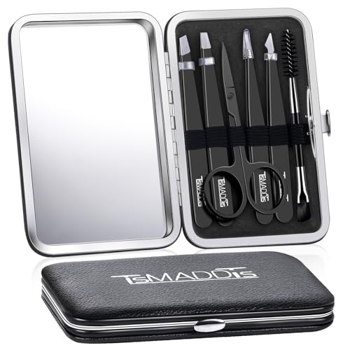 TsMADDTs Tweezers Set for Men - Professional Eyebrow Tweezers - Precision Tweezers for Hair & Ingrown Hair Plucking with Scissors, Mirror, Travel Case (Black)