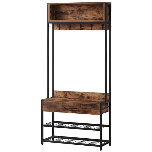 Tribesigns 3-in-1 Entryway Hall Tree with Drawer, Vintage Industrial Coat Rack with Shoe Bench and Hutch, Mudroom Bench with Shoe Storage Rack and 9 Hooks for Living Room Bedroom (Brown)