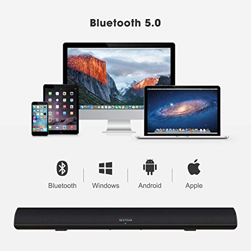 Sound bar, BESTISAN Soundbar Wired and Wireless Bluetooth 5.0 HDMI-ARC Speaker for TV (28 Inches, HDMI-ARC Connection, Optical Cable Included, DSP, Bass Adjustable, Wall Mountable)