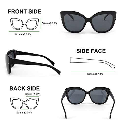 FEISEDY Cat Eye Sunglasses Polarized for Women Men,Rimless Mirrored Sunglasses, Oversized, Trendy Retro Sun Glasses B2796 Bright Black/Black Gray