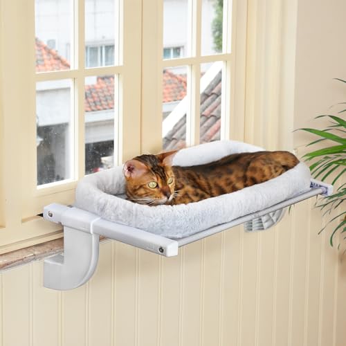 Zoratoo Window Sill Mount Cat Perch for Indoor Cats, One-Step Sliding Clamping Slot Adjustment Cat Hammock with Removable Two Fabrics Cover, No Suction Cups Cat Bed for Windowsill & Bedside (Medium)