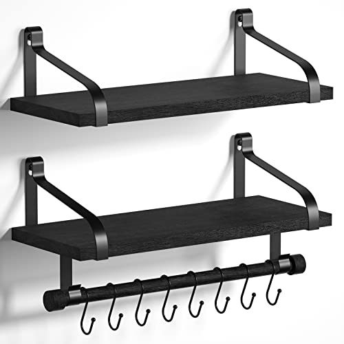 Love-KANKEI Floating Shelves for Coffee Bar,Bathroom Shelves with Towel Bar, Wall Shelves with 8 Hooks for Kitchen, Storage Shelf Set of 2 for Bedroom,Living Room,17.3 Inch Black