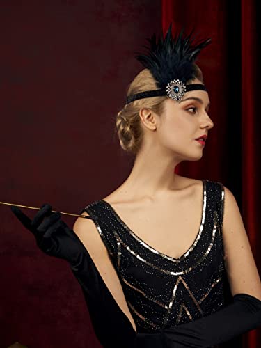 SWEETV Flapper Headband 1920s Headpiece Rhinestone Feather Hair Band Great Gatsby Headpiece for Women,Black