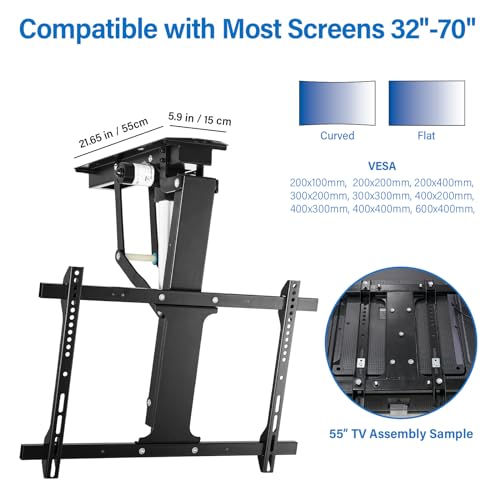 TOPSKY Electric Adjustable Ceiling TV Mount with Remote, Motorized Flip Down Pitched Roof TV Mount for 32 to 70 Inch Flat and Curved Screen TVs (Black)