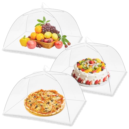 Omont Mesh Food Covers for Outside: 3 Pack 17"x17" Large Pop-Up Food Tents Umbrella Net for Outdoors, Picnic, Screen, BBQ,Reusable and Collapsible