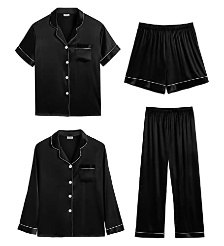 SWOMOG Women 4Pcs Silk Pajamas Set Button Down Sleepwear Loungewear Pj Sets for Ladies Nightwear White Large