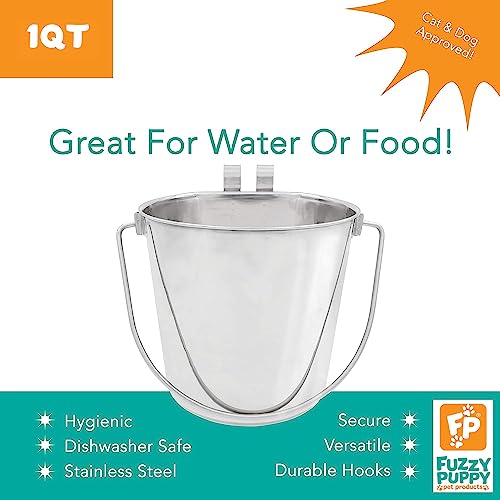 Fuzzy Puppy Flat Sided Pail with Dual Hooks, Snugly Fit On Dog, Cat and Critter Crates & Cages, Heavy Duty Stainless Steel | 1 Quart, (PN: FSP-1)