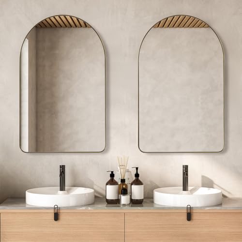 ANDY STAR Arched Mirror, 20" x 30" Gold Bathroom Mirror in Stainless Steel Metal Frame, Arch Top Rounded Corner 1" Deep Set Design Wall Mount Hangs Vertical