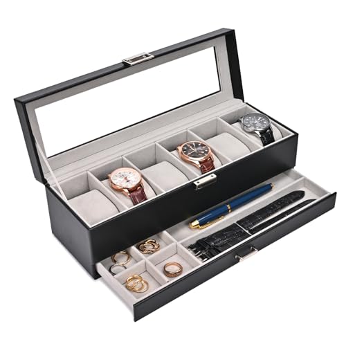 ProCase Watch Box for Men, 3 Slot Watch Display Case with Drawer, Mens Watch Case With Glass Lid, 2-Layer Jewelry and Watch Storage Watch Holder Organizer for Men Women -3 Slot, Black