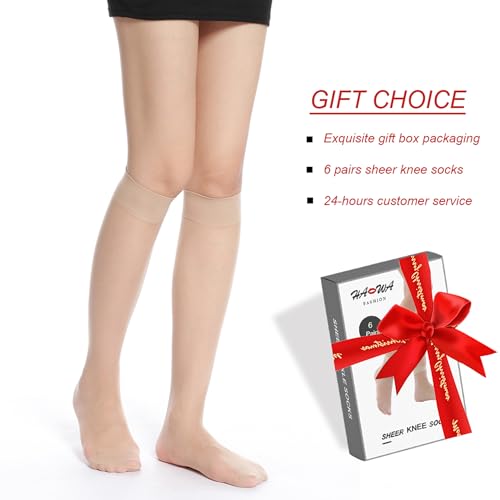 HA WA 6 Pairs Women's Knee High Stocking Nylon Black&Nude Socks(20D-KS 3*Black+3*Nude)