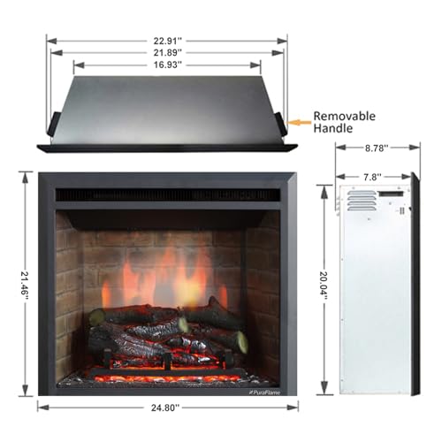 PuraFlame Western Electric Fireplace Insert with Fire Crackling Sound, Remote Control, 750/1500W, Black, 22 53/64 Inches Wide, 20 3/64 Inches High