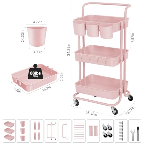 E&D FURNITURE 3 Tier Rolling Storage Cart with Wheels, White, Sturdy, Waterproof, Adjustable, Multipurpose, Organization, Office, Kitchen, Bedroom, Bathroom, Garage, Kids Art Cart