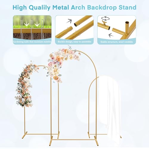 MYSWEETY Set of 3 Metal Arch Backdrop Stand and Cover Set, 4FT/5FT/6FT Wedding Arch Frame, Gold Arch Stand for Birthday, Party, Baby Shower, Ceremony Decor(White)