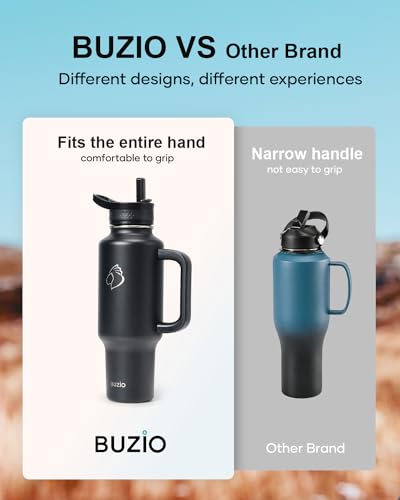 40oz Insulated Water Bottle Fits in Any Car Cup Holders, BUZIO 40oz Double Wall Insulated Tumbler with Handle and Straw, Leakproof Travel Tumbler Mug, Keeps Cold for 48 Hrs, Hot for 24 Hrs, Black