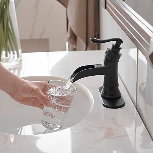 BWE Black Bathroom Faucet Matte Waterfall Sink Farmhouse Bath Vanity Single Hole Faucets One Handle Basin Antique centerset Restroom Mixer Tap Supply Line Lead-Free