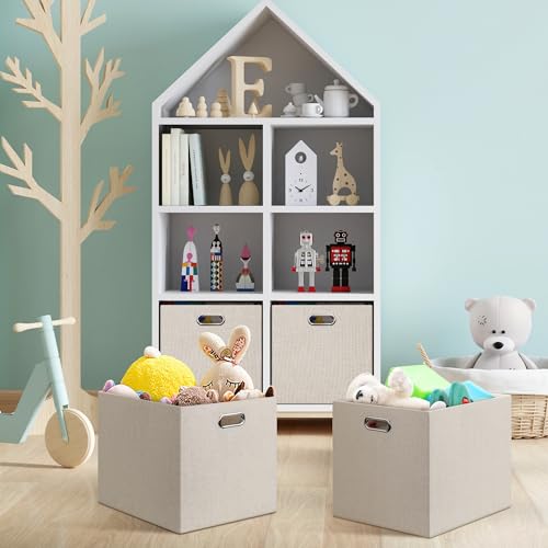 Posprica 13x15x13in Collapsible Storage Bins, Fabric Foldable Cube Storage Boxes, Decorative Storage Baskets Organizer for IKEA Kallax, Shelves, Closet, Clothes, Toy, Set of 4-Beige