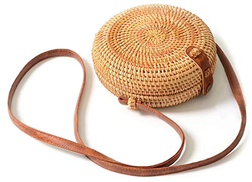 Handwoven Round Rattan Bag Shoulder Leather Straps Natural Chic Hand