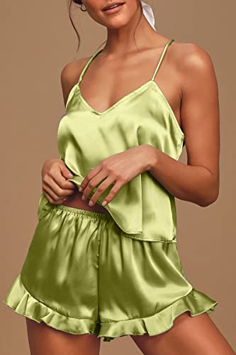 CHYRII Women's Sexy Silk Satin PJS Racerback Cami Tops and Ruffled Hem Shorts 2 PCS Pajamas Sets Nightwear Red S