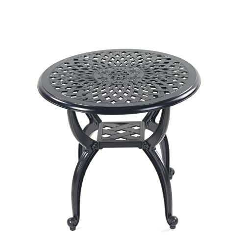 Mandolin Outdoor Patio,Rust -Resistant Cast Aluminum Side Table,Weather Resistant End Table,Coffee Table, Perfect for Patio, Backyard Or Garden.W 20.8" X H18.5(Aluminum Round, Black)