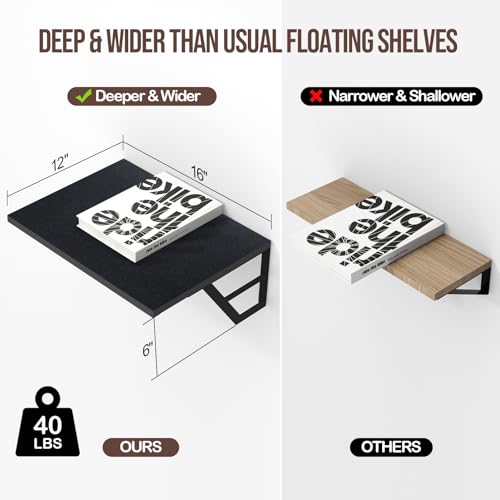 Tectocker-DOU Set of 2 Deep Floating Shelves; Wall Mounted Book Shelf for Living Room, Bedroom Shelves for Wall Decor; Shelves for Wall Storage; Shelving with Metal Brackets, 12 Inches (Black)