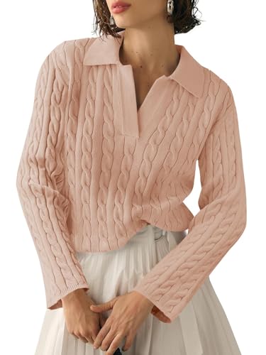 Saodimallsu Womens Cable Knit Sweater V Neck Collar Fall Trendy Long Sleeve Slouchy Loose Pullover Sweaters Tops Beige