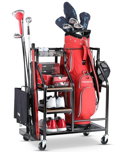 FHXZH Golf Bags Storage Garage Organizer Golf Bag Stand for Golf Bags, Clubs, Balls, Golf Equipment Accessories, Golf Bag Storage Rack with Wheels for Garage, Club, Basement (1 Golf Bag Organizer)