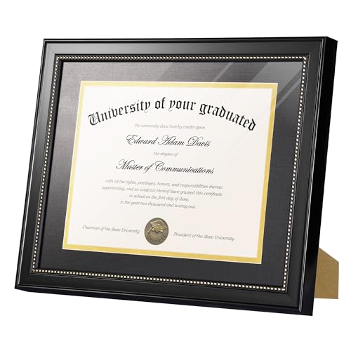 upsimples 11x14 Diploma Frame with High Definition Glass, Display 8.5x11 Certificate with Black over Gold Mat, Degree Document Frame for Wall and Tabletop, Black with Gold Beads, 1 Pack